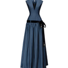 Dark blue Cricklade gown by Jenny K Tran, elegant evening dress with flowing fabric and refined design, perfect for formal occasions.