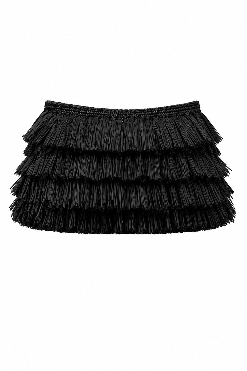 Black crochet raffia clutch bag from Folklore The Label, featuring a woven texture and compact design for casual or evening wear.