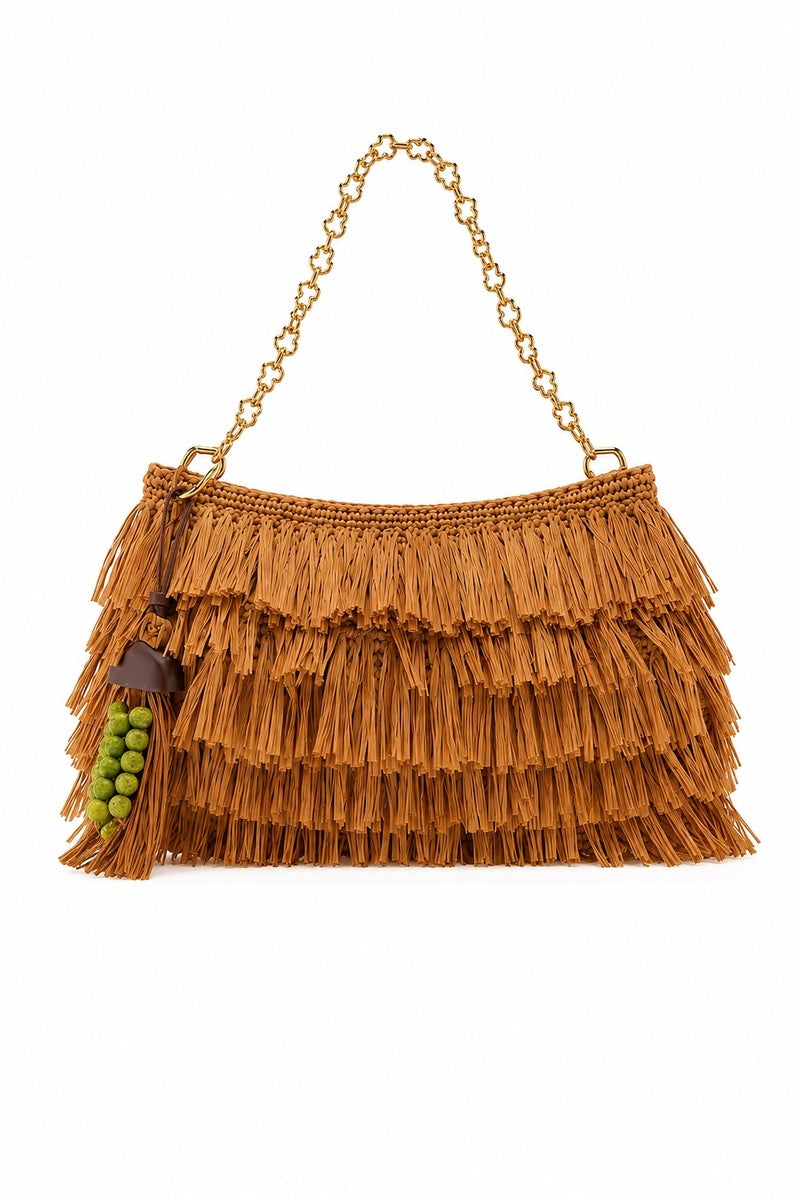 Natural crochet raffia clutch bag with woven texture, featuring a compact design and handled opening by Folklore The Label.