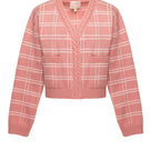 Soft pink checked Liya cardigan with long sleeves and button front, cozy and stylish for casual wear.