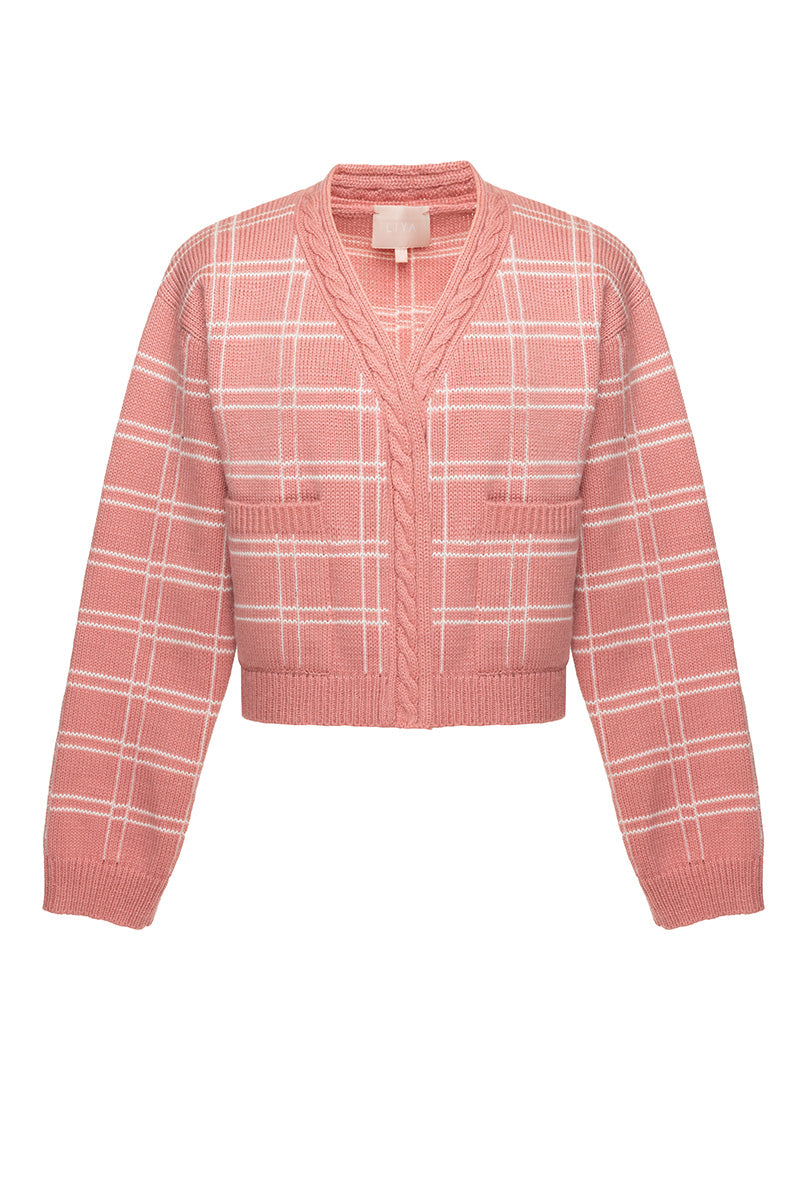 Soft pink checked cardigan by Liya, featuring a cozy knit fabric and button-up front, perfect for casual wear.