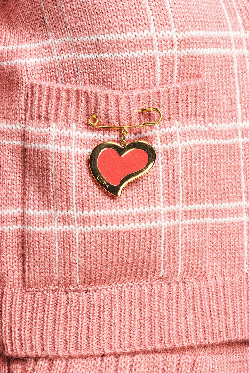 Soft pink checked cardigan by Liya, lightweight knit with button closure, displayed on a neutral background