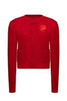 Red Liya heart cardigan, soft knit fabric with a cozy fit and button-front design, perfect for casual or layered looks.