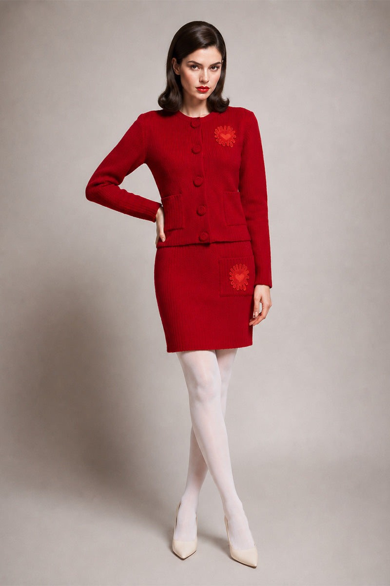 Red Liya cardigan with a cozy, soft knit design, featuring a classic button-up style and long sleeves.