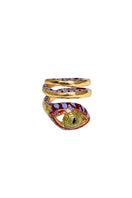 Sara & Flora burgundy spiral eye ring with intricate design, crafted in sterling silver and vibrant burgundy finish.