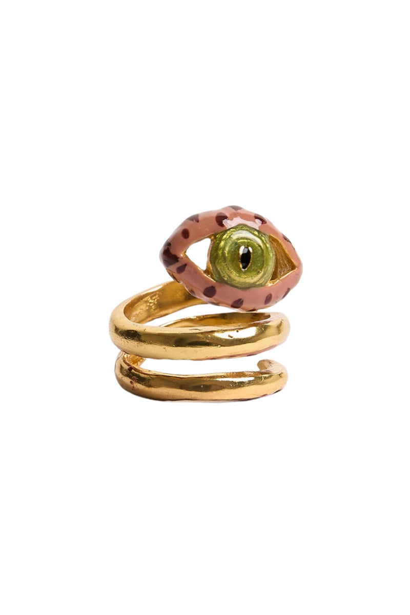 Sara & Flora terracotta spiral eye ring, showcasing a handcrafted copper ring with a spiral design and eye motif.