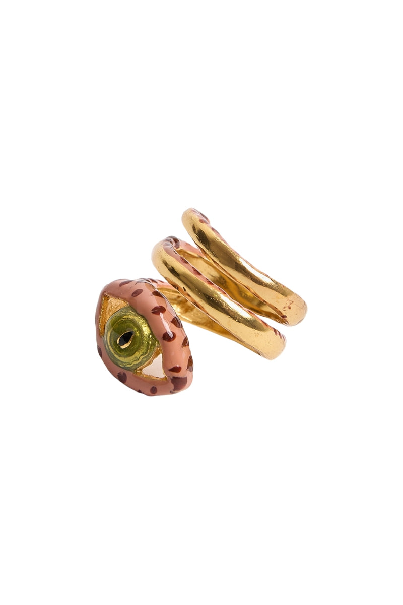 Sara & Flora terracotta spiral eye ring, featuring a bold, handcrafted design with a unique spiral and eye motif on sterling silver band.