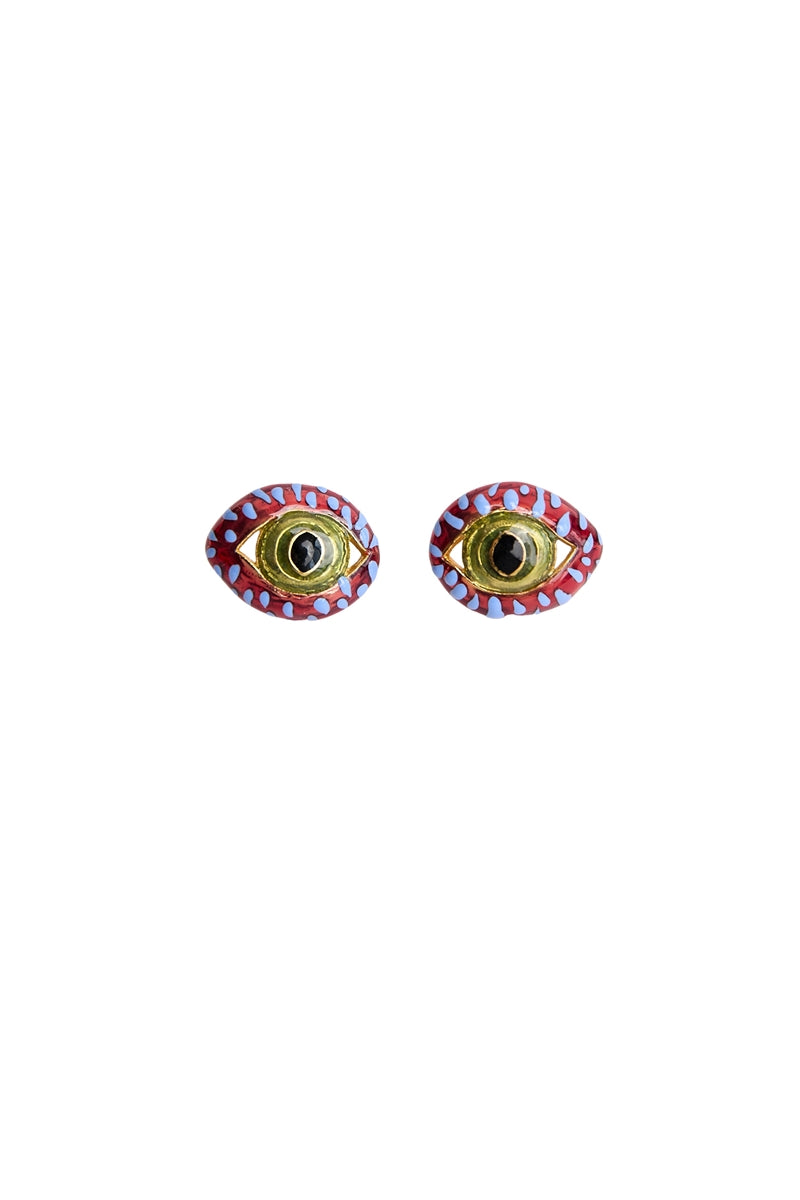 Sara & Flora burgundy midi cat eye earrings with gold-tone accents, featuring a sleek, curved design for elegant style.