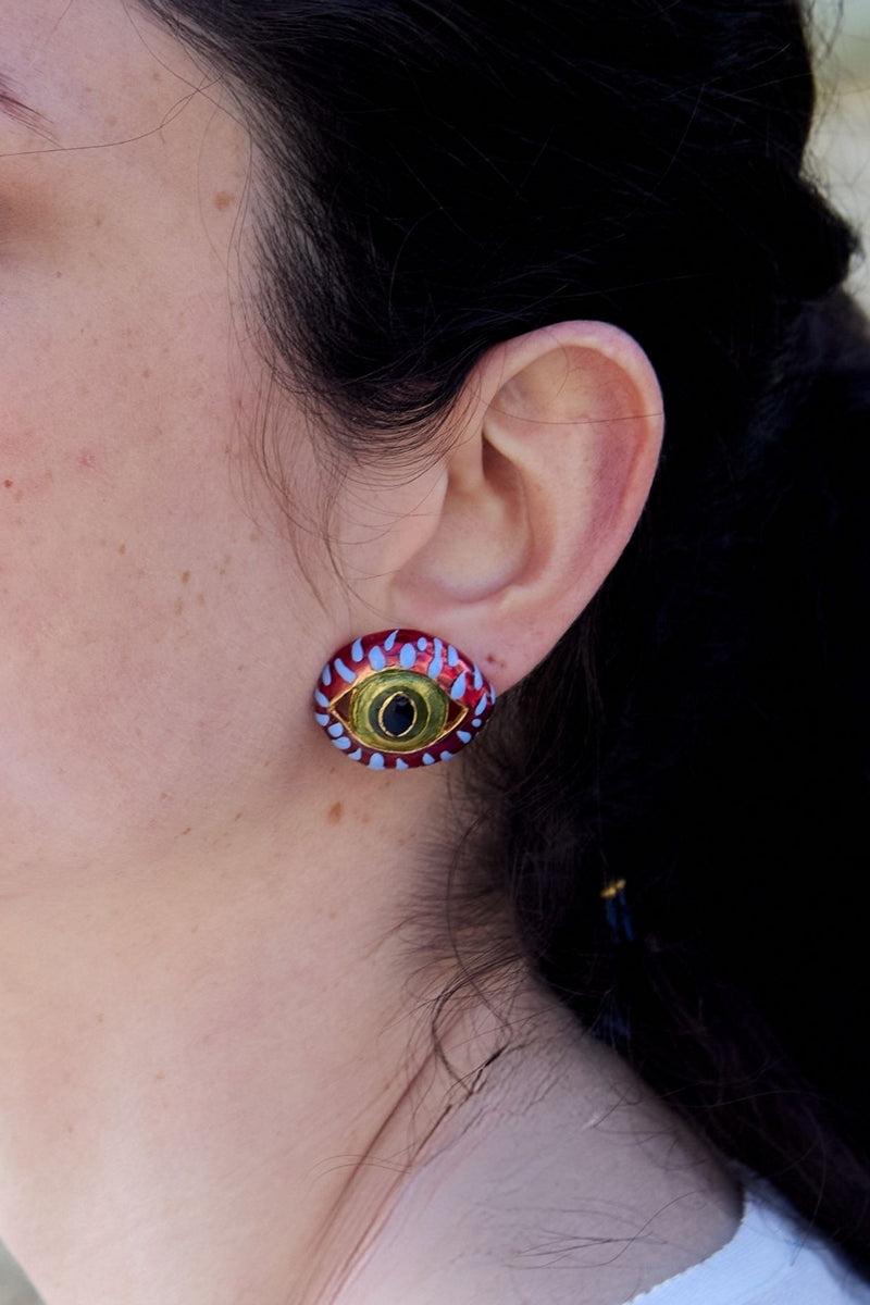 Sara & Flora burgundy midi cat eye earrings featuring a sleek curved design and gold-tone accents.