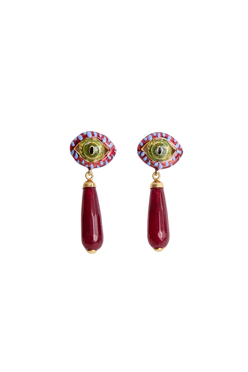 Sara & Flora burgundy cat drop earrings featuring elegant feline-shaped design with gold accents and dangle style.