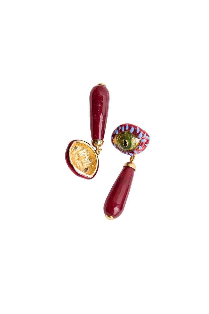 Sara & Flora burgundy cat drop earrings featuring dangling cat-shaped charms on gold-tone hooks.