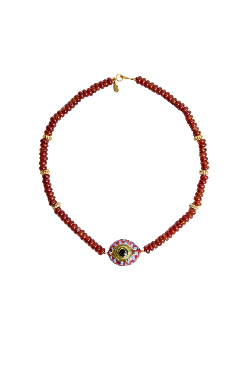 Sara & Flora burgundy midi cat eye drops necklace featuring sleek, elegant design with a vibrant red gemstone pendant.