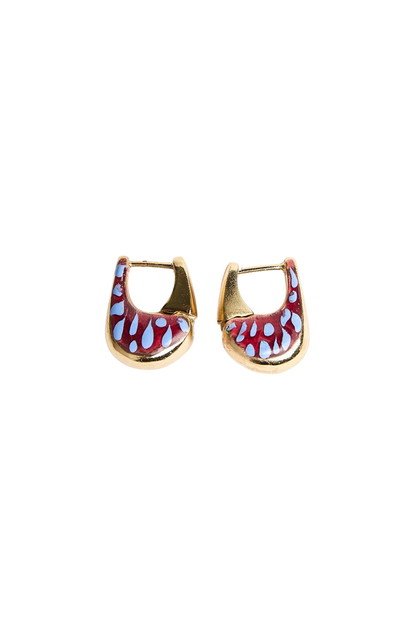 Sara & Flora burgundy mini tummy hoops earrings featuring small hoop design with vibrant burgundy color.
