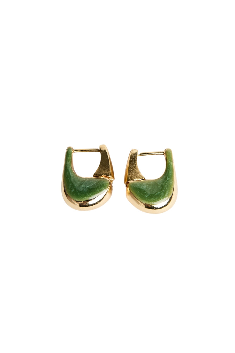 Green mini tummy hoops earrings by Sara & Flora showing the small, vibrant hoop design with a smooth finish.
