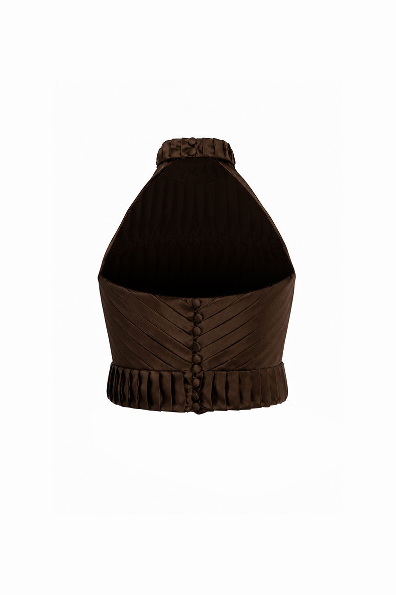 Maylé Vásquez cacao brown top, stylish sleeveless blouse with a smooth fabric finish, perfect for casual or dressy wear.