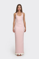 Dusty pink cake bow gown by Stolen Stores featuring a flowy maxi design and elegant bow detail on the bodice.