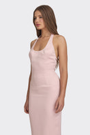 Dusty pink cake bow gown by Stolen Stores, featuring a maxi dress design with elegant bow details and flowing fabric.