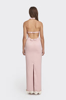 Dusty pink cake bow maxi gown by Stolen Stores featuring a flowy silhouette and elegant bow detail in a stylish evening dress.