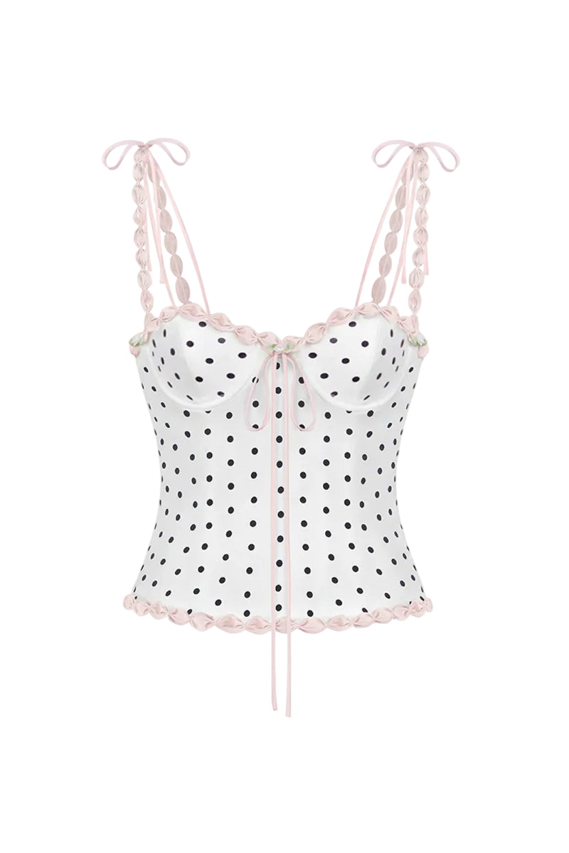 White polka dot bustier top by Stolen Stores featuring a cake-inspired design with polka dot pattern.