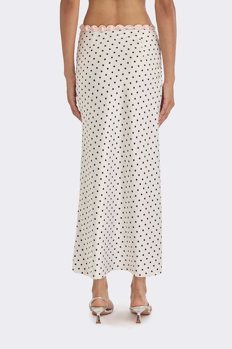 White Cake Maxi Skirt with black polka dots from Stolen Stores, flowing maxi skirt with a stylish, vintage-inspired design.