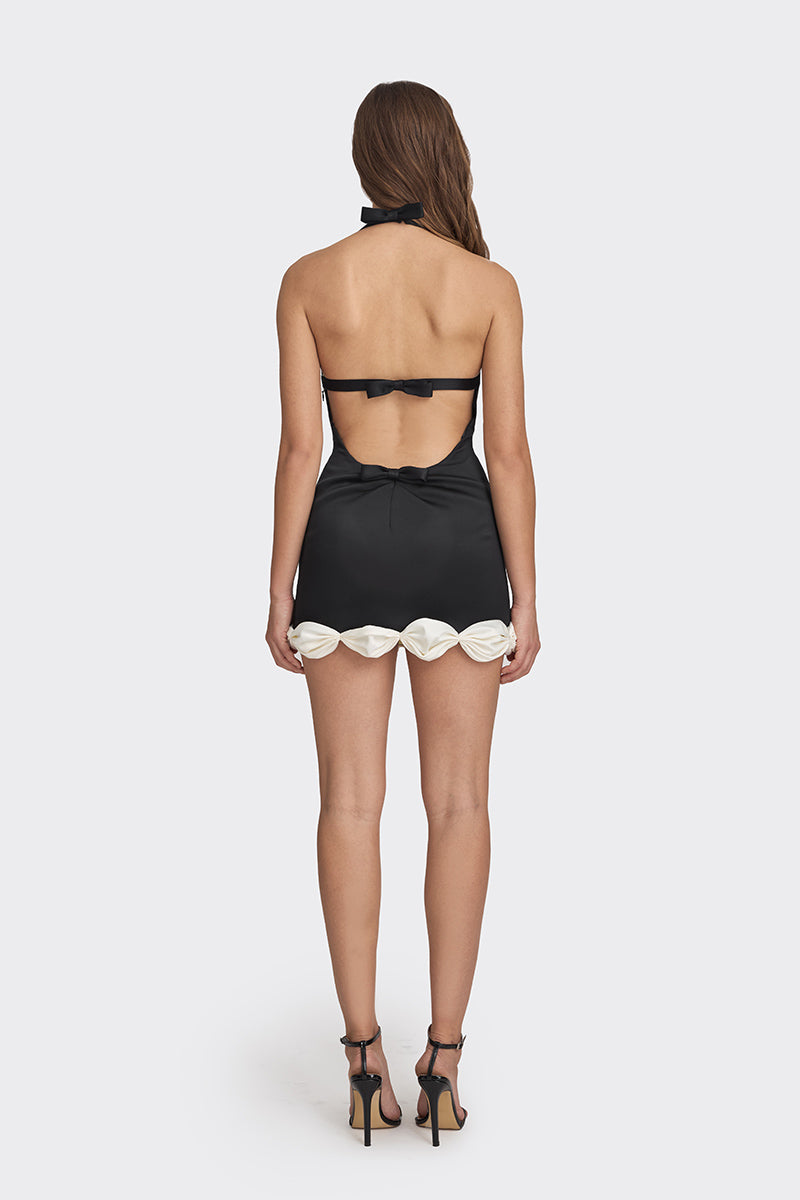 black mini dress with bow in front Nobody's Child Valerie bow front structured mini dress in black