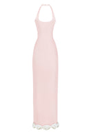Dusty pink cake bow gown from Stolen Stores featuring a flowing maxi dress with a bow detail, elegant and perfect for special occasions.