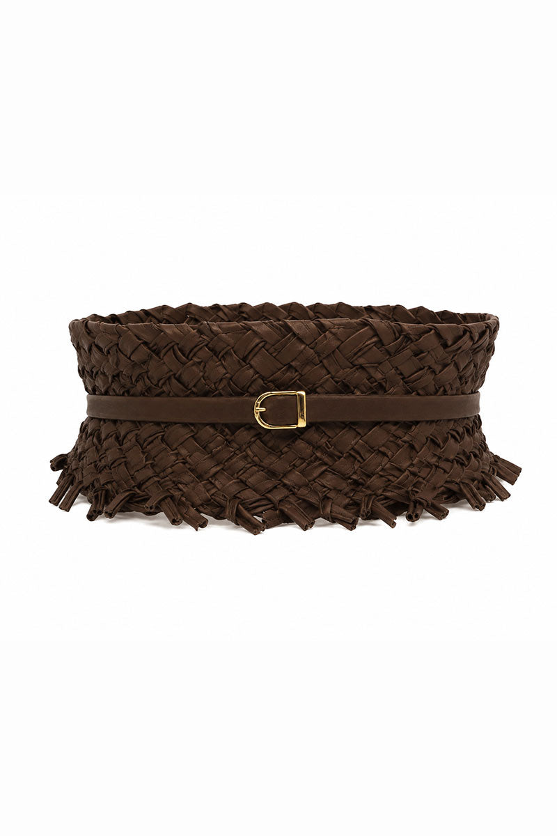 Brown Maylé Vásquez Calado belt with intricate woven design, stylish accessory for casual or formal outfits.