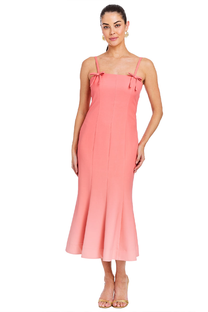 Mestiza New York Calista midi dress in coral ombre with flowing fabric and sleeveless design, stylish and perfect for summer events.