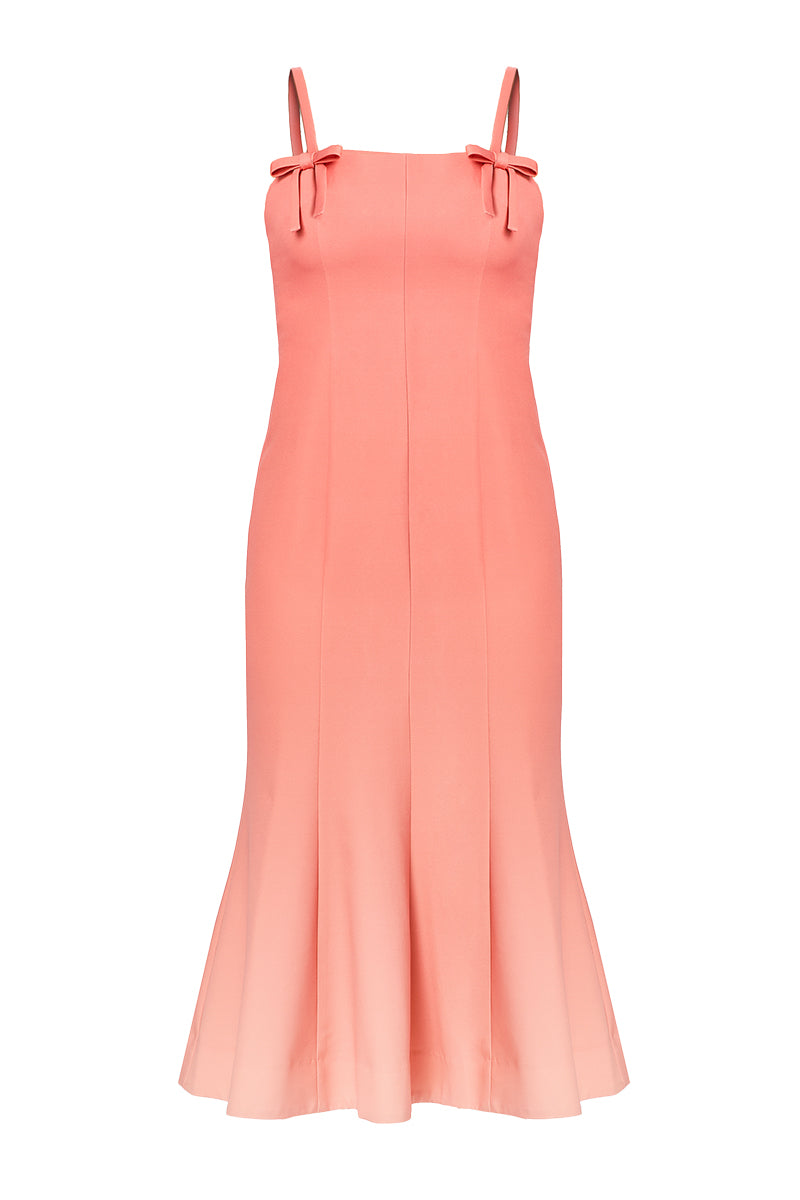 Mestiza New York Calista midi dress in vibrant coral ombre with flowing fabric and elegant design, perfect for summer wear.