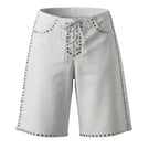 White leather shorts with studded accents from Double A's Callie collection, shown in a stylish close-up image.