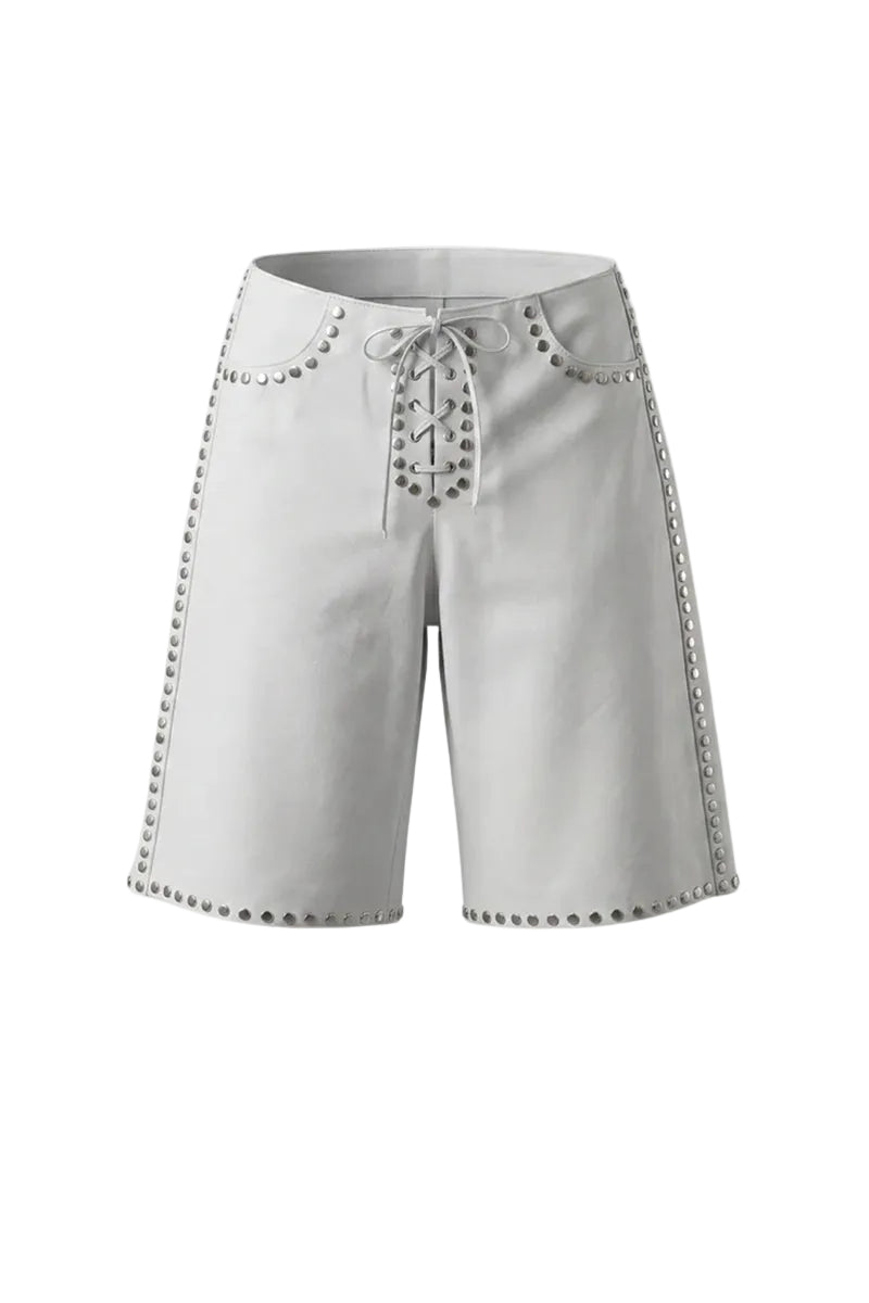 White Callie leather shorts with metal studs from Double A, showcasing a stylish, fitted design and edgy detailing.