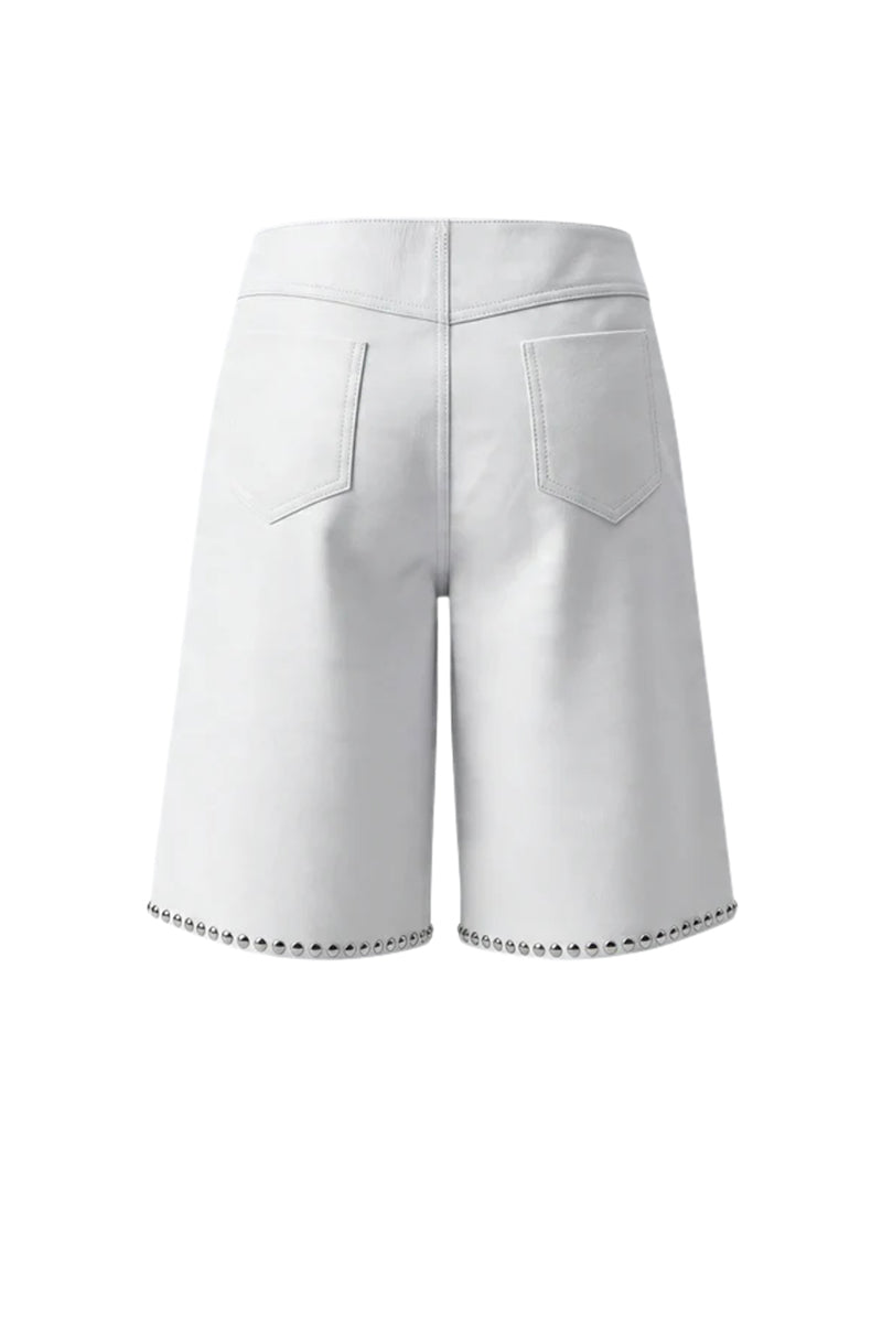 White leather studded shorts by Double A featuring a stylish fit and silver-tone stud detailing.