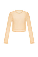 Camel long sleeve top by Montsand featuring a button-up design and cropped fit, styled as a versatile women's tops garment.