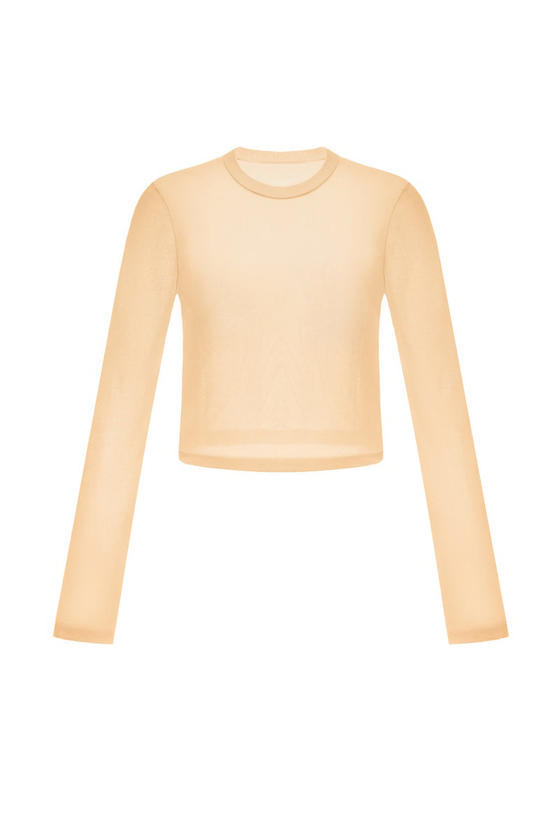 Camel long sleeve top by Montsand featuring a button-up design and cropped fit, styled as a versatile women's tops garment.