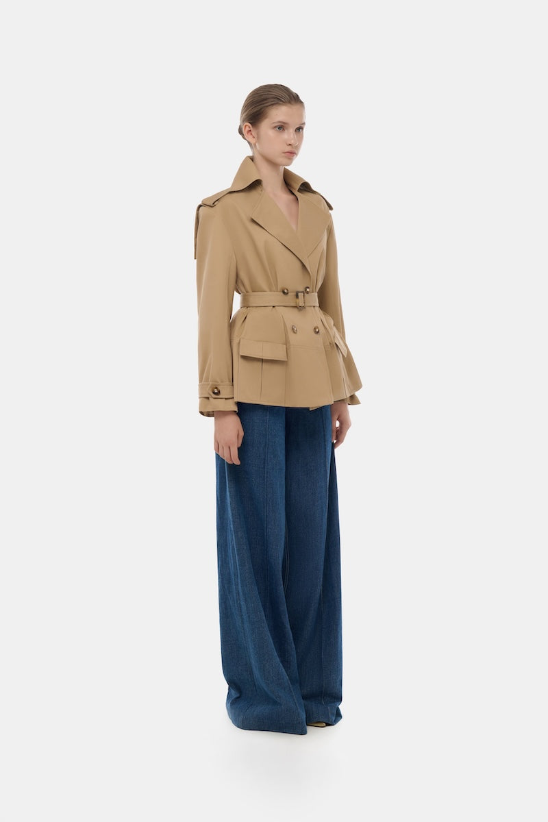 Montsand camel trench jacket for women, stylish and lightweight, featuring classic design and button details.