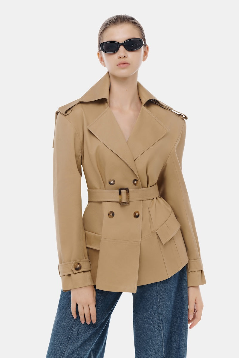 Montsand camel trench jacket with classic design and tailored fit, showing front view with lapels and belt detail.