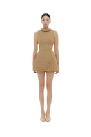 Camel beaded tweed top by Montsand, featuring intricate crystal embellishments and classic tailored design.