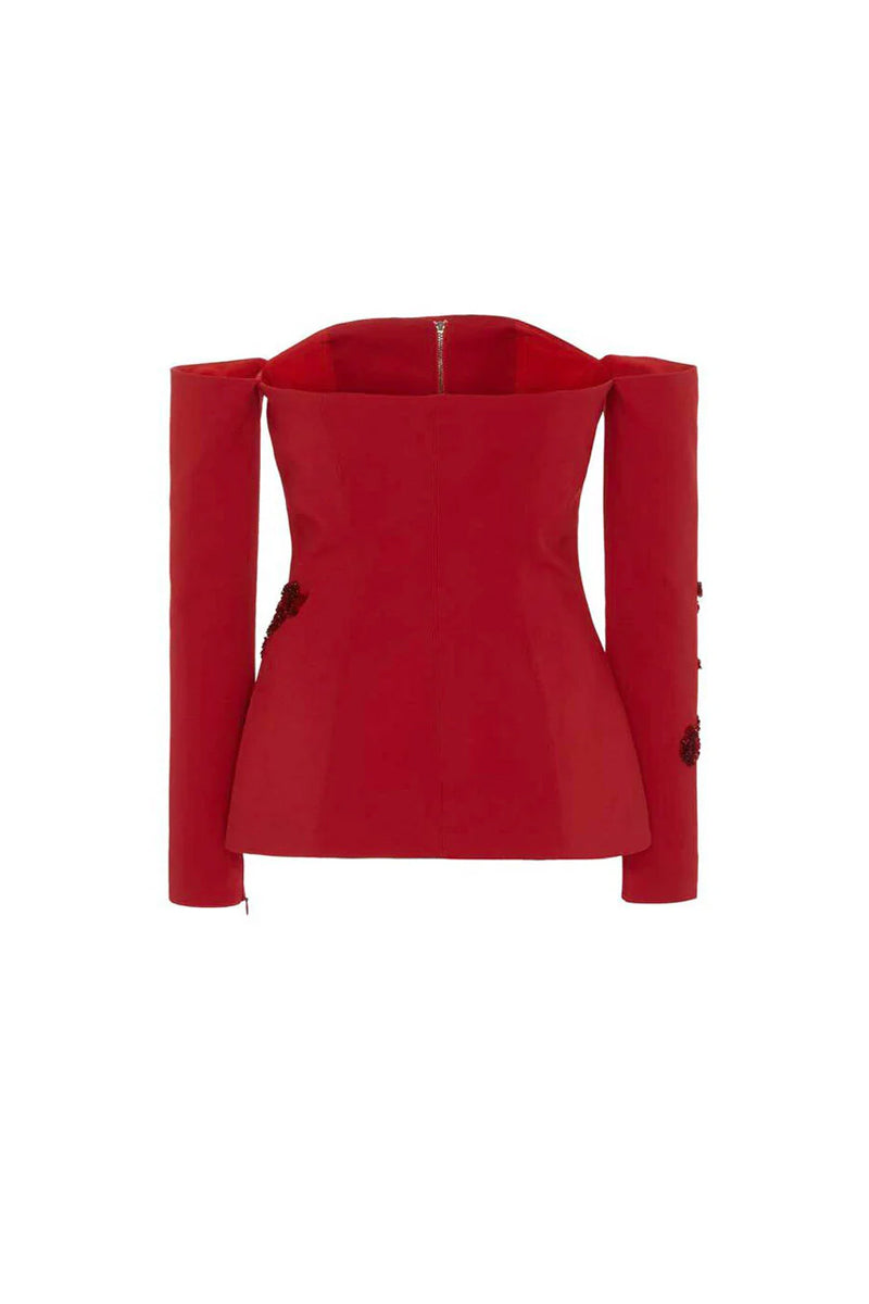 Red SemSem Camille jacket, a stylish women's tops piece, shown from the back with a flat design and vibrant color.