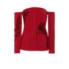 Red SemSem Camille jacket, a stylish women's top featuring a flat front design in vibrant red fabric.