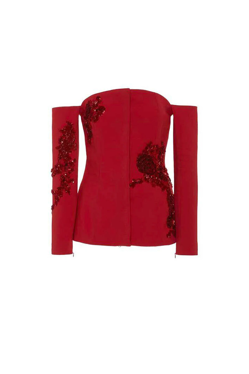 Red SemSem Camille jacket, a stylish women's top featuring a flat front design in vibrant red fabric.