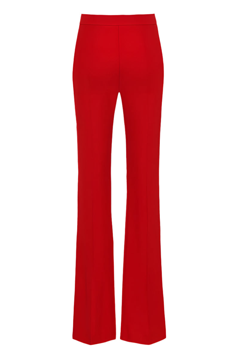 Red Camille pants by SemSem displayed flat, showcasing the stylish, tailored design of these fashionable women's pants.