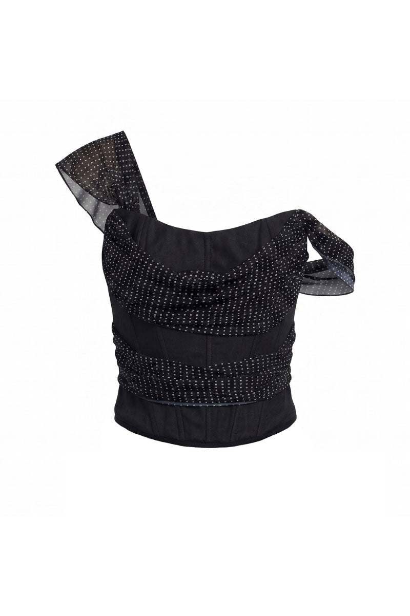 Black Camira top with white dot pattern from Summer Away, showing a stylish, lightweight blouse with long sleeves and a relaxed fit.