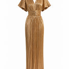 Gold Candela dress by Maylé Vásquez, elegant gown with flowing fabric and intricate detailing, perfect for formal occasions.