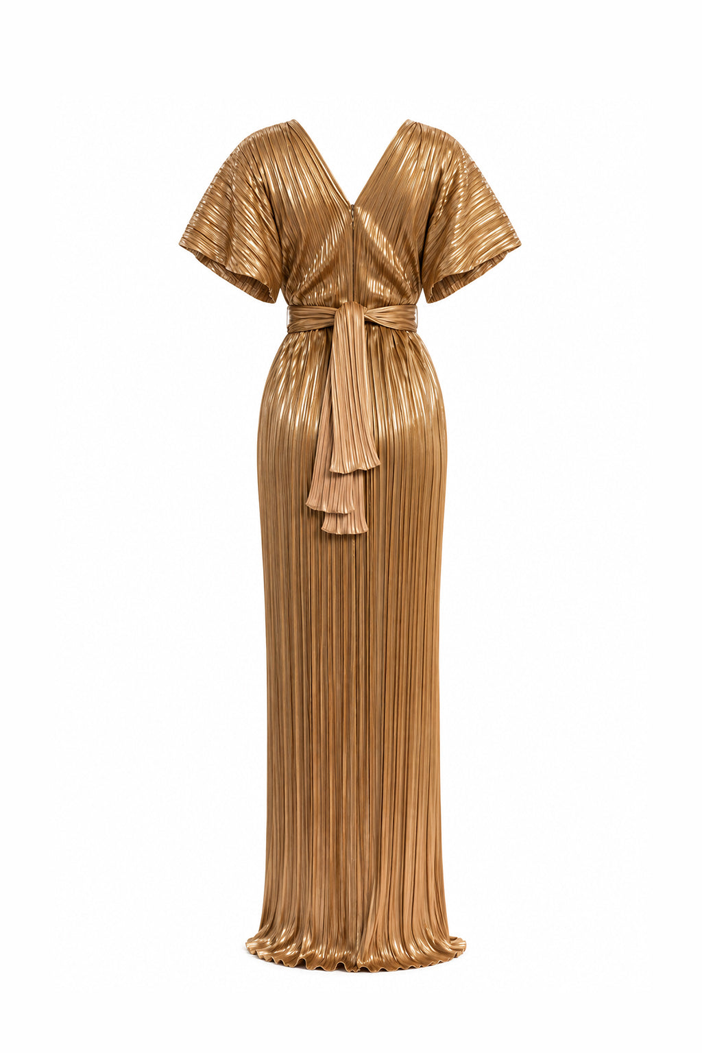 Maylé Vásquez Candela dress in gold, elegant gown with flowing fabric and intricate details, perfect for formal occasions.