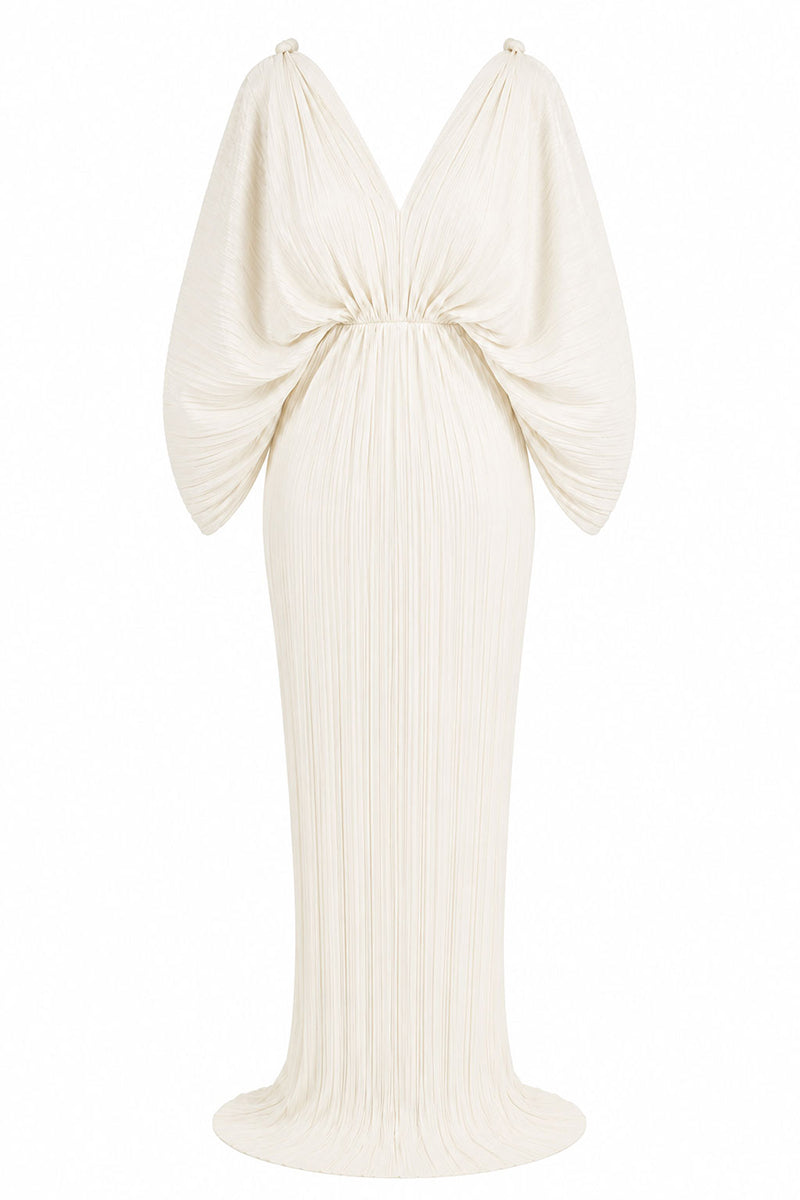 Off-white Candela dress by Maylé Vásquez, elegant gown with flowing fabric and sophisticated design, perfect for formal occasions.