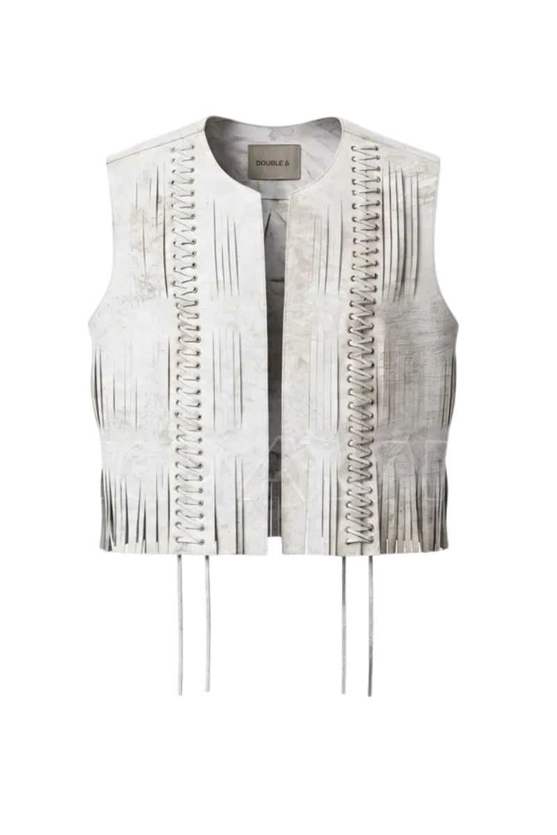 Double A Caniayla II leather vest in washed white, featuring a fitted design and front zipper, styled on a mannequin.