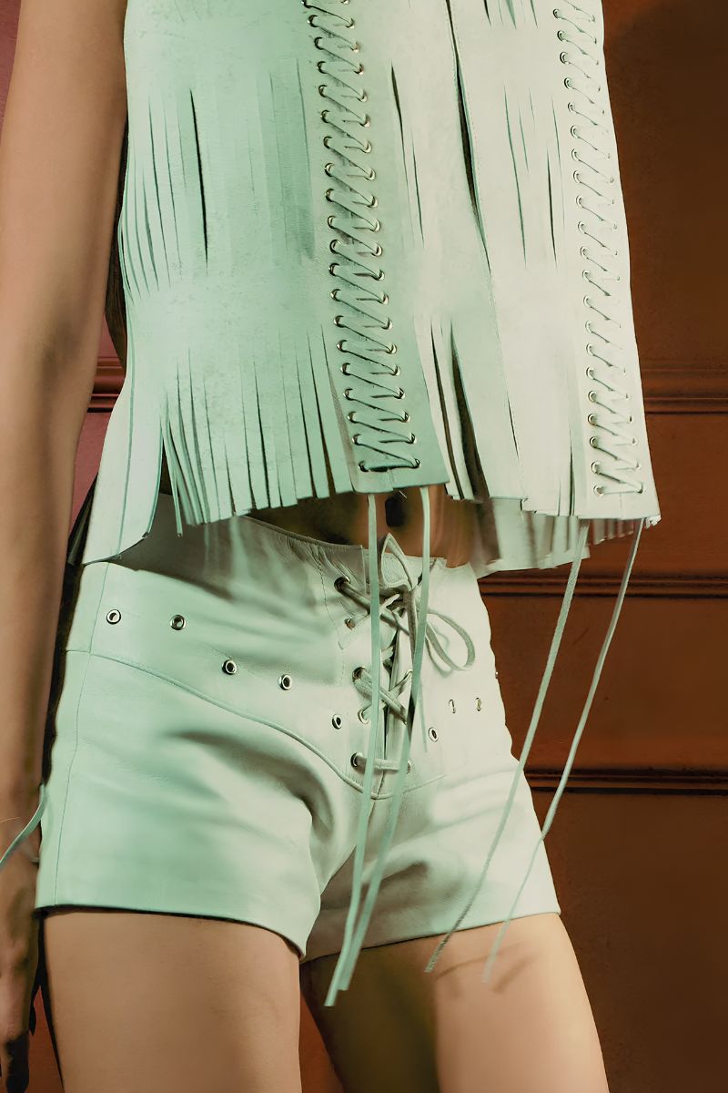 Double A Caniayla II leather vest in washed white, featuring a sleek, fitted design with textured leather and stylish collar detail.