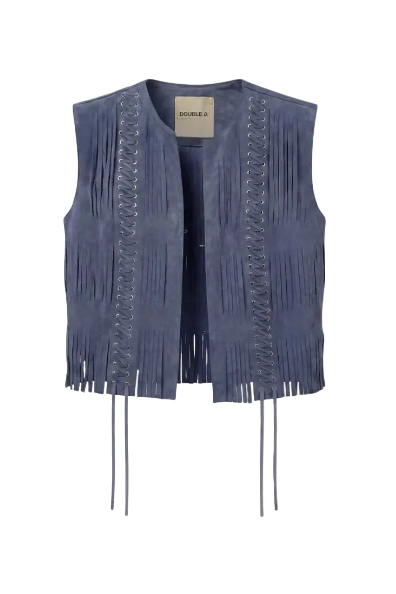 Blue CANIAYLA II suede vest by Double A, shown in a close-up image highlighting its soft suede fabric and stylish design.