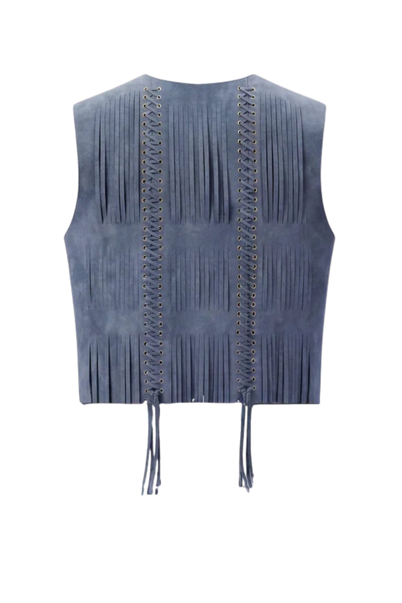 Blue CANIAYLA II suede vest by Double A, showcasing soft suede fabric and tailored fit on a mannequin.