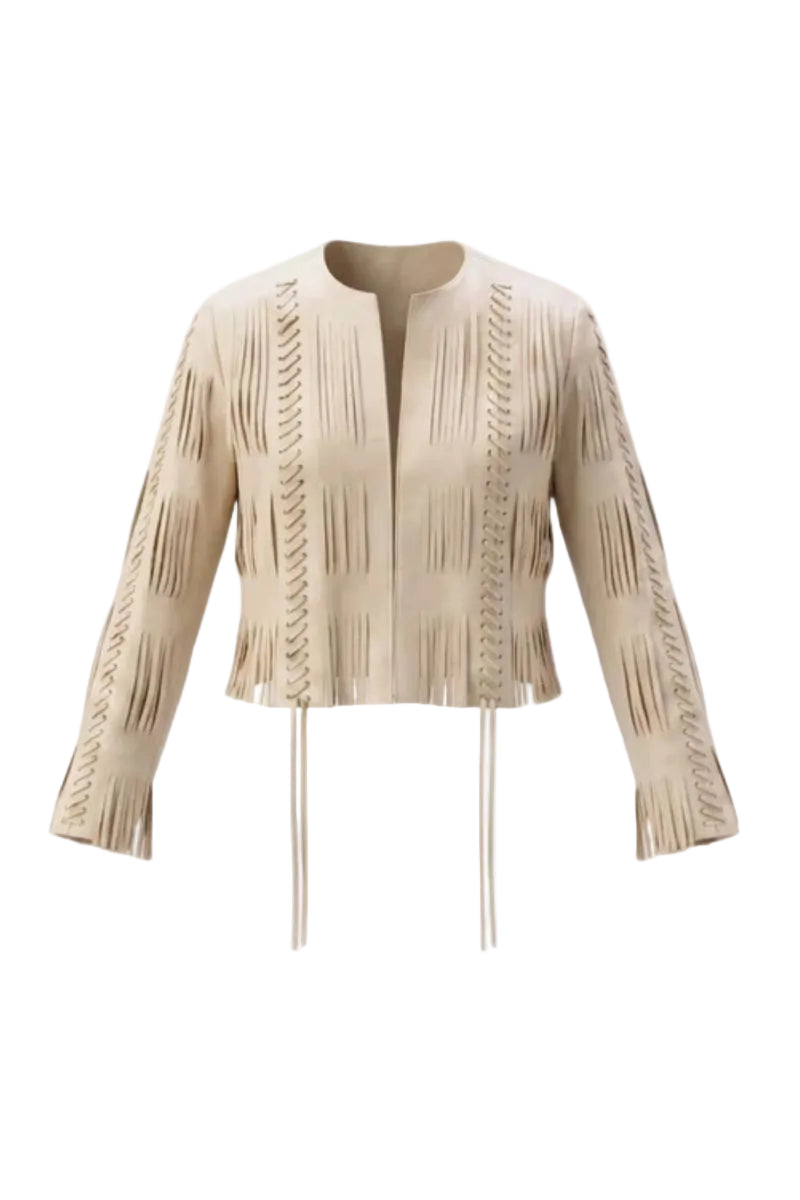 Caniayla butter yellow leather jacket by Double A, featuring a stylish design with a fitted silhouette and smooth leather finish.